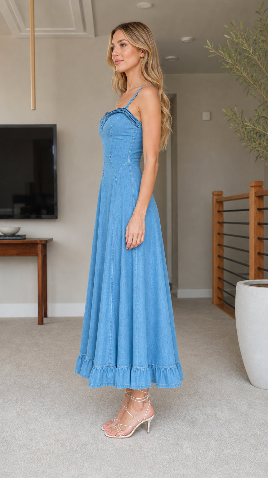 Women's Light Blue Denim Midi Dress Side View
