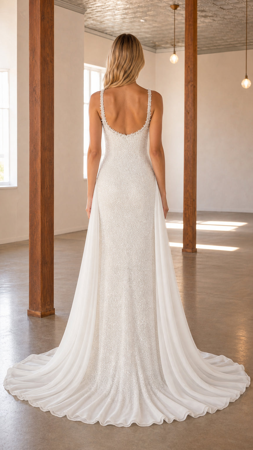 Back view showcasing sweep train on white wedding dress