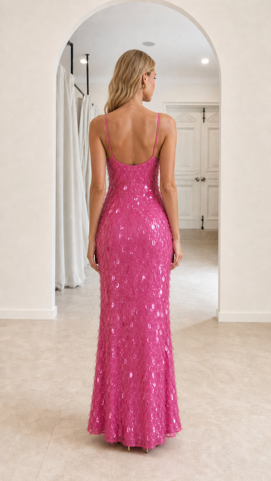 Back view of Hot Pink sequin maxi dress