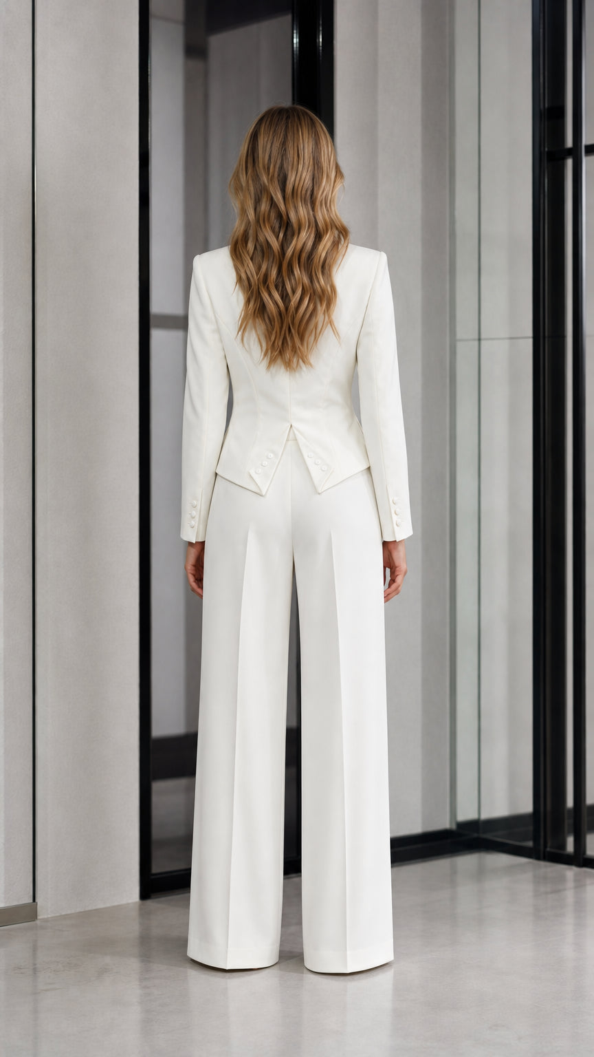 Back view of woman wearing white tailored suit set with flared hem detail