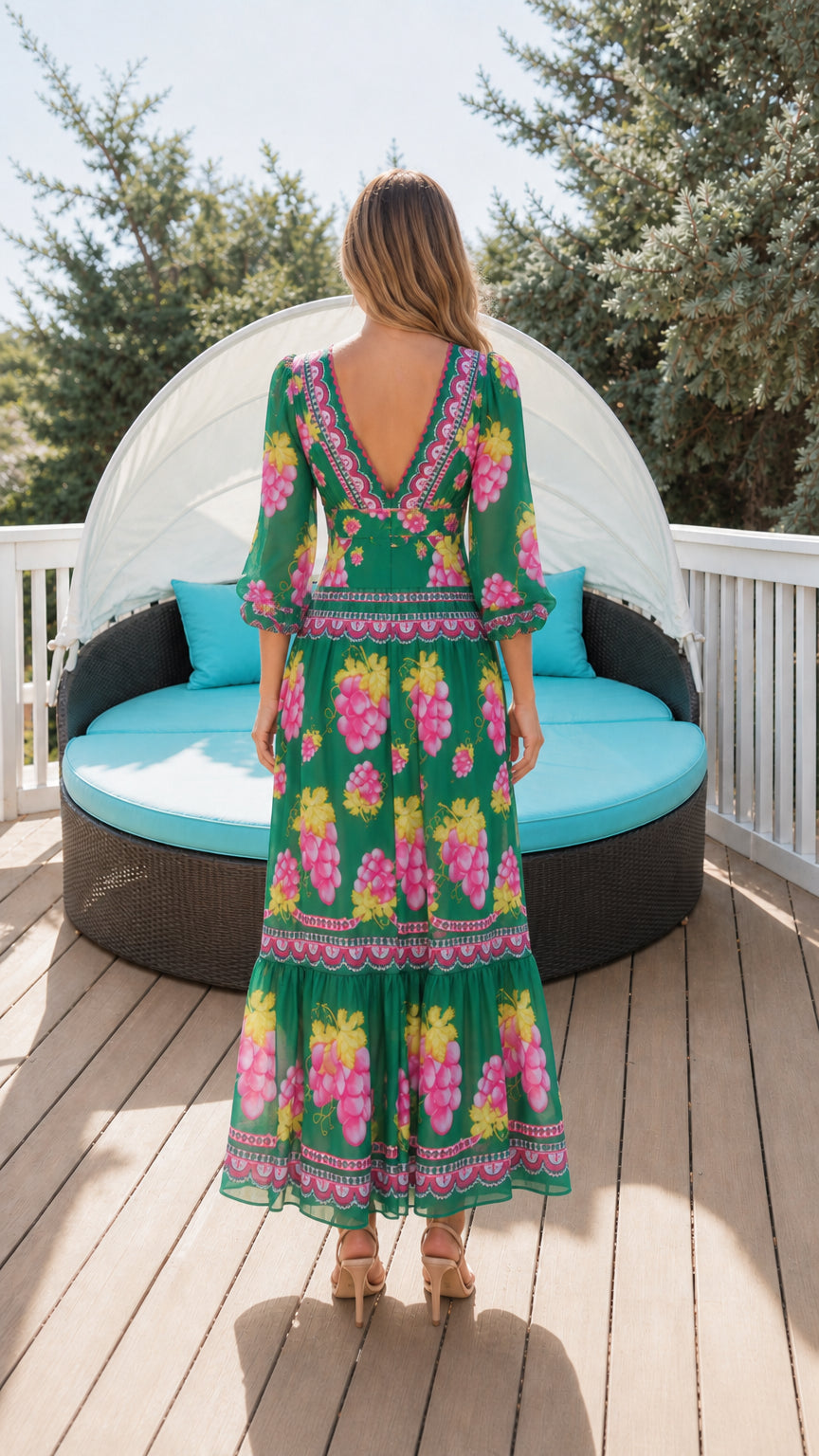 Back view of green floral maxi dress