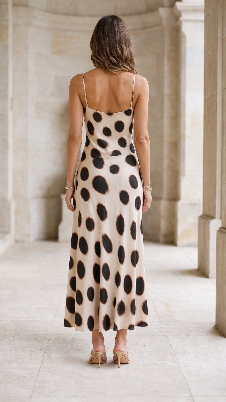 Back view of beige polka dot slip dress