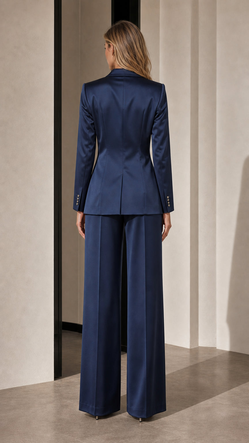 Navy satin pant suit back view