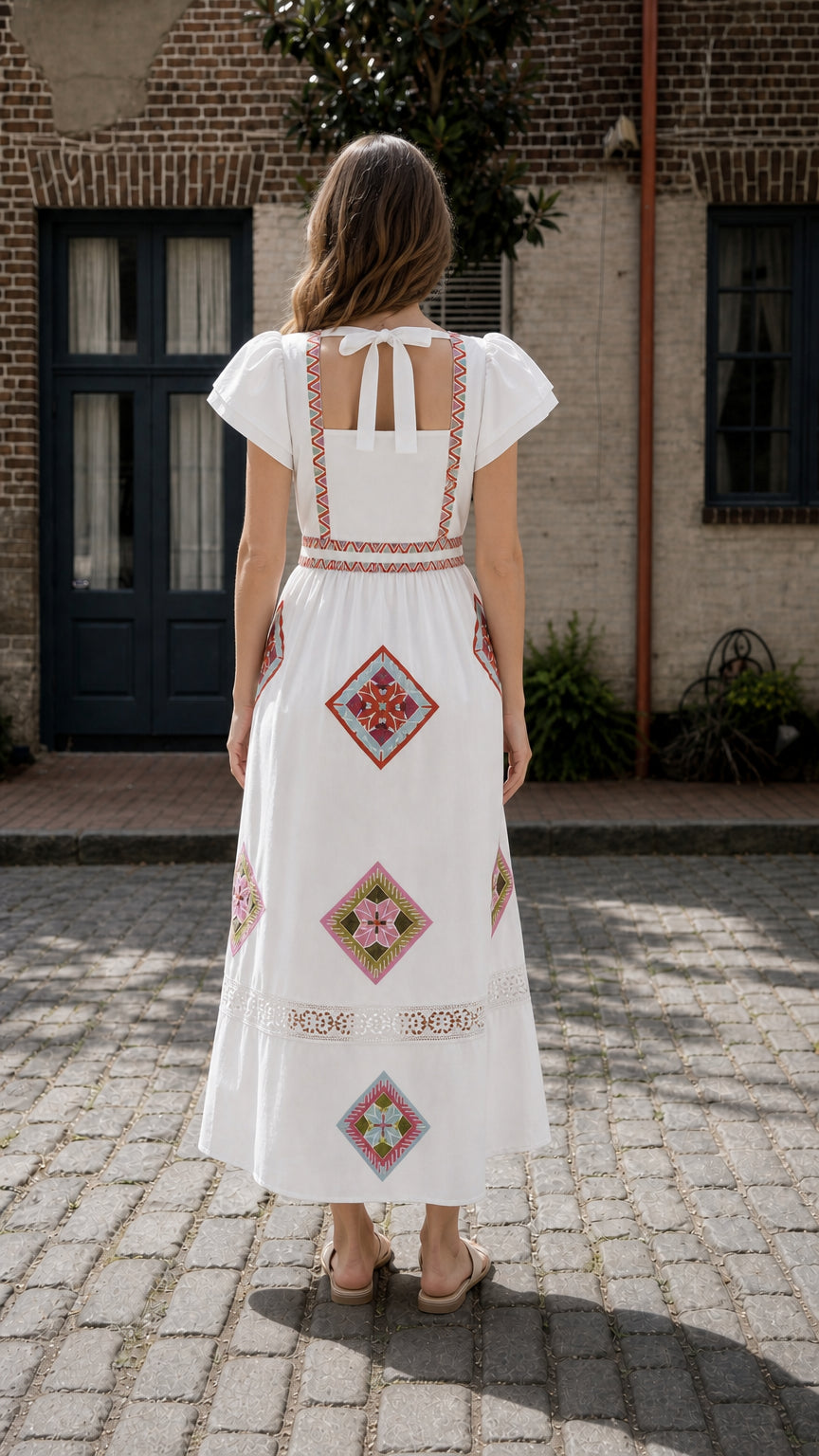 Back view of White Bohemian Geometric Embroidered Square Neck Maxi Dress