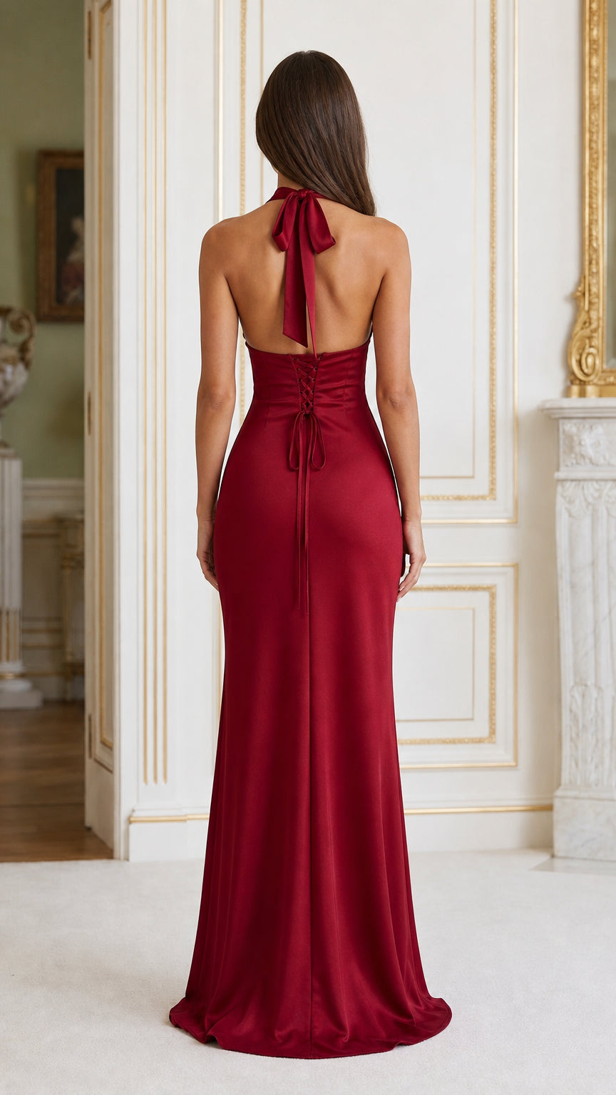 Back view of model wearing Burgundy satin maxi dress with lace-up details