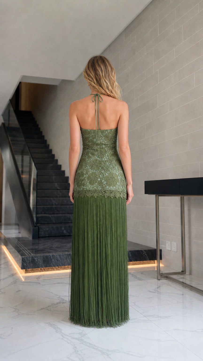 Elegance Halter Neck Lace and Fringe Maxi Dress in Olive back view