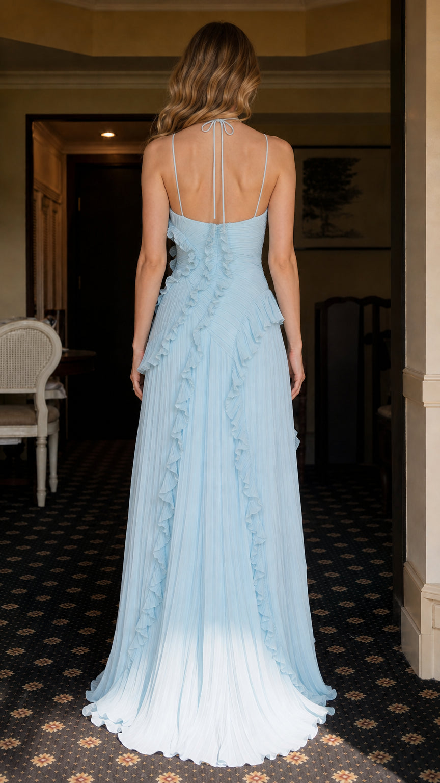 Back view of light blue halter maxi dress with strap details