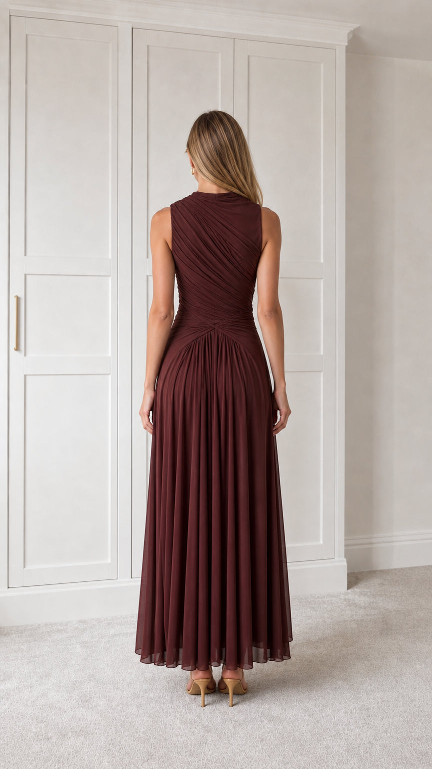 Back view of burgundy pleated maxi dress