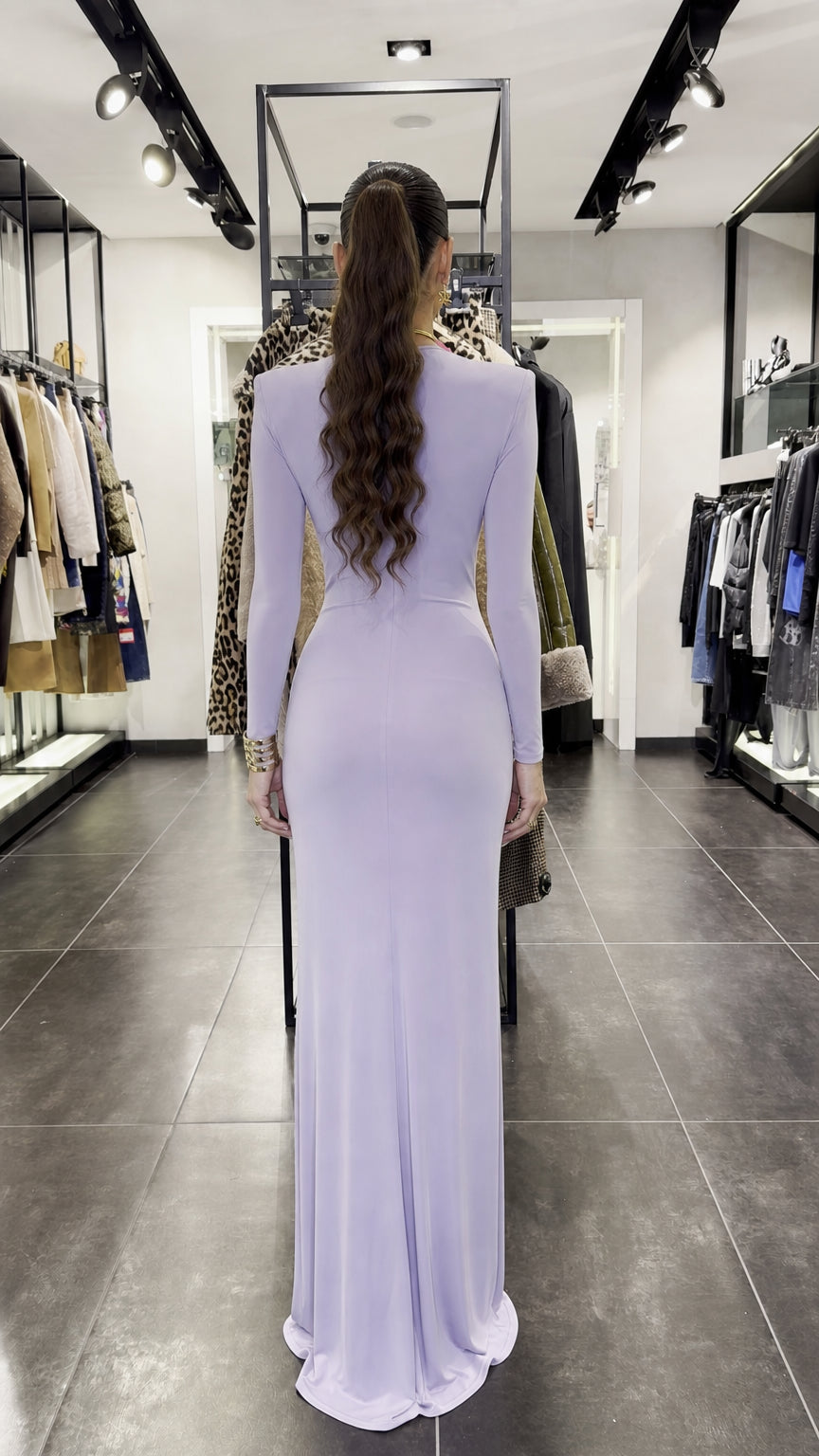 Back view of floor-length lavender maxi dress