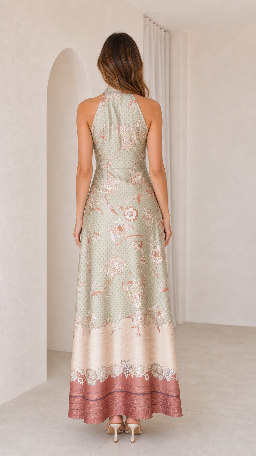 Back view of Sage Green floral maxi dress