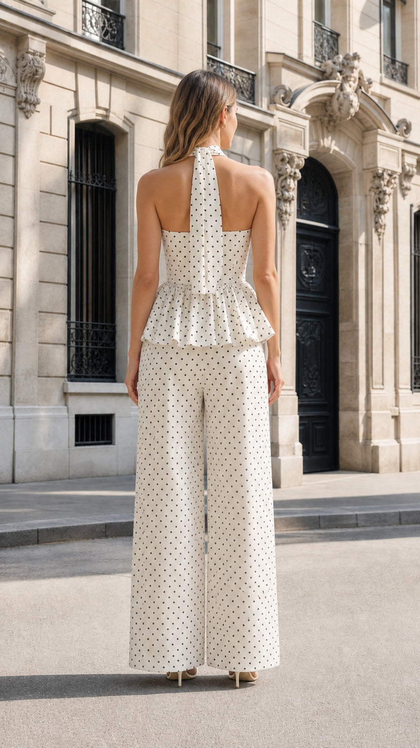 Back view showcasing halter neck and wide leg fit