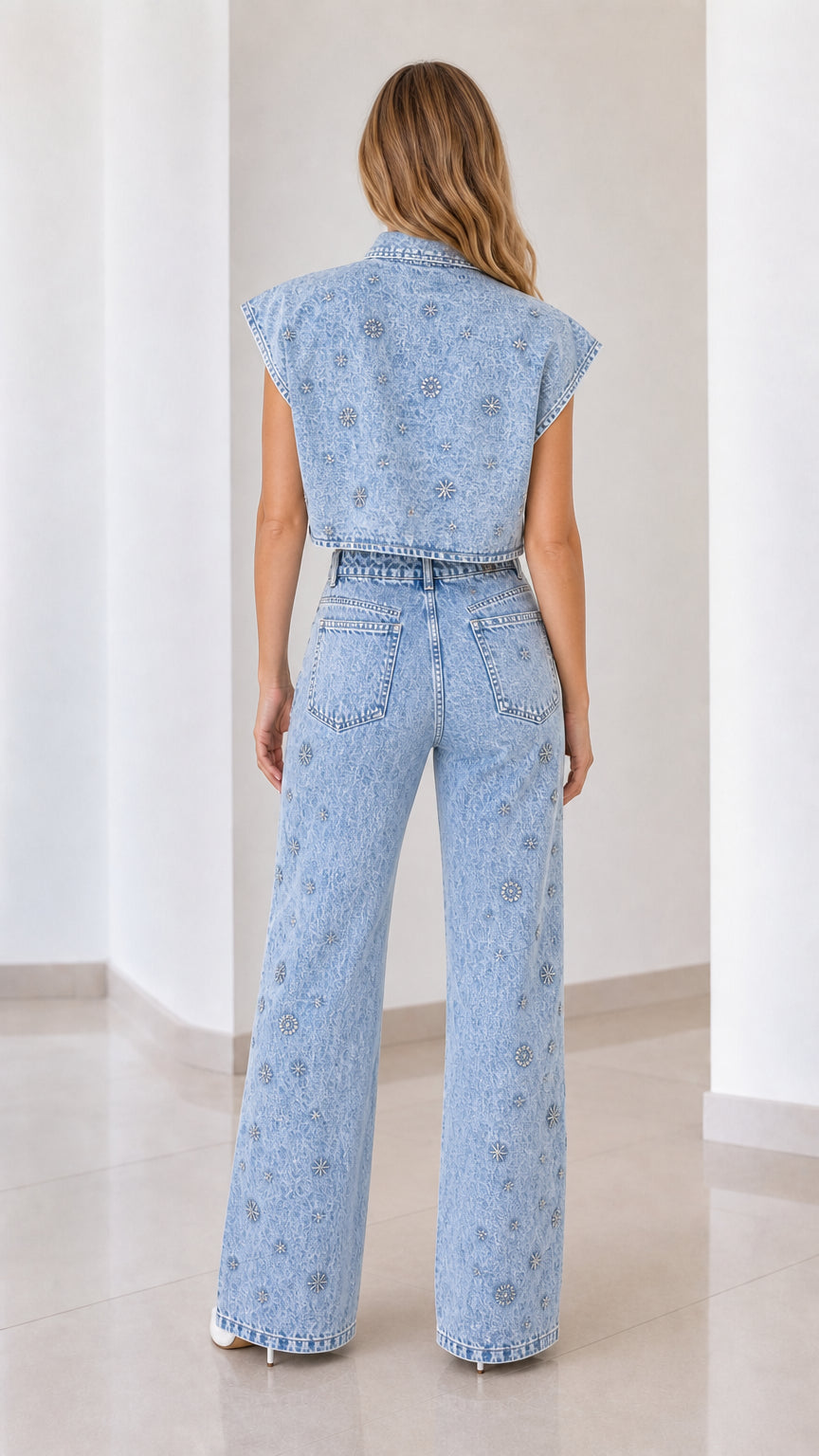 Back view of light blue rhinestone denim coordinate set