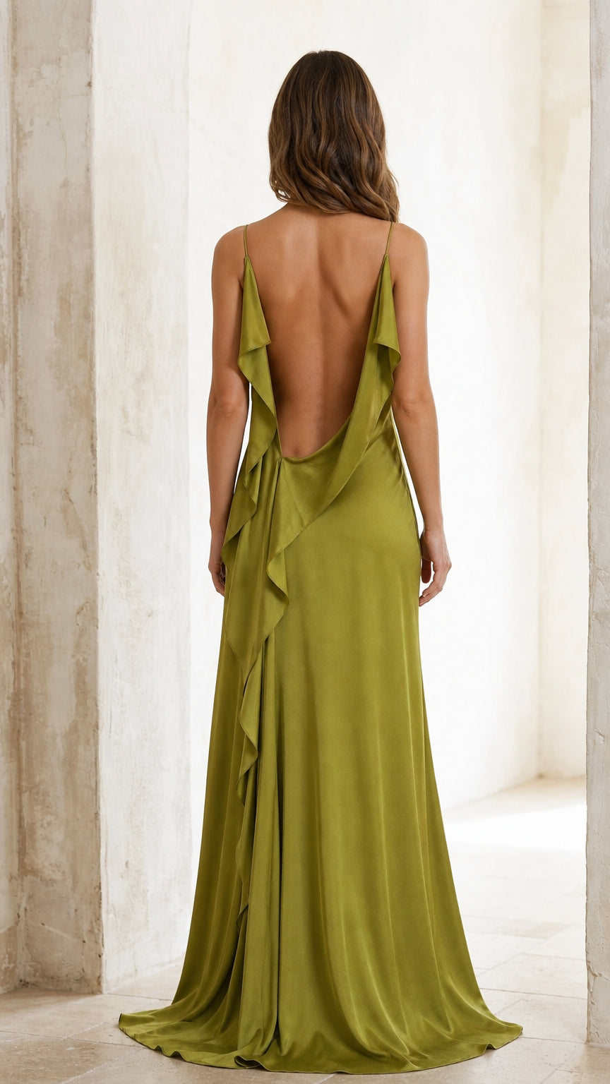 Back view of olive satin dress featuring dramatic open back and ruffles