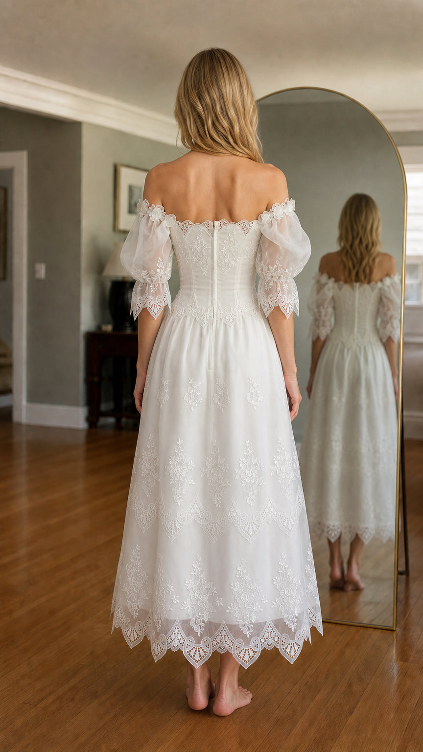 Back view of woman wearing white off-shoulder embroidered midi dress