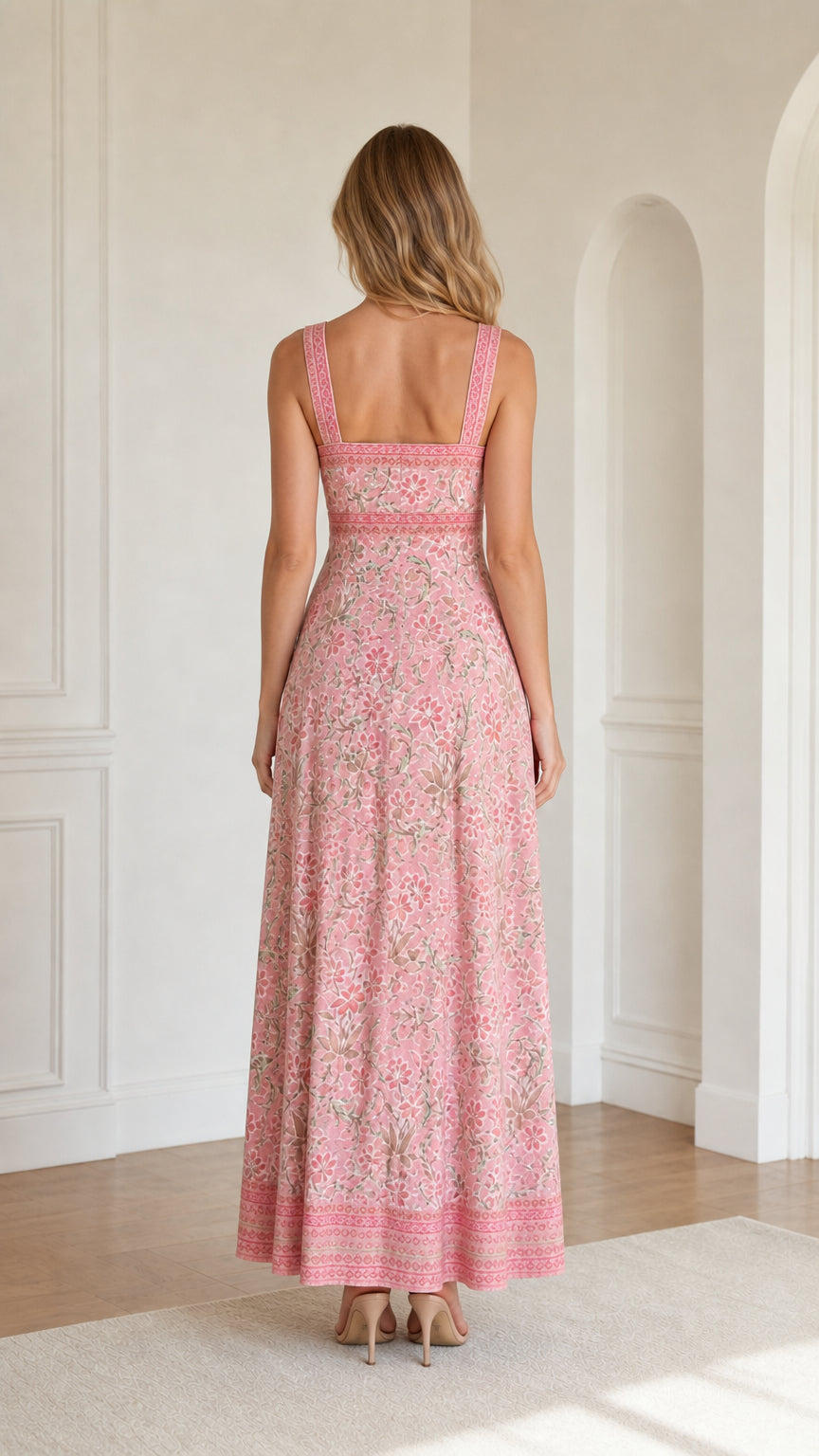Back view of pink floral maxi dress showing square neckline