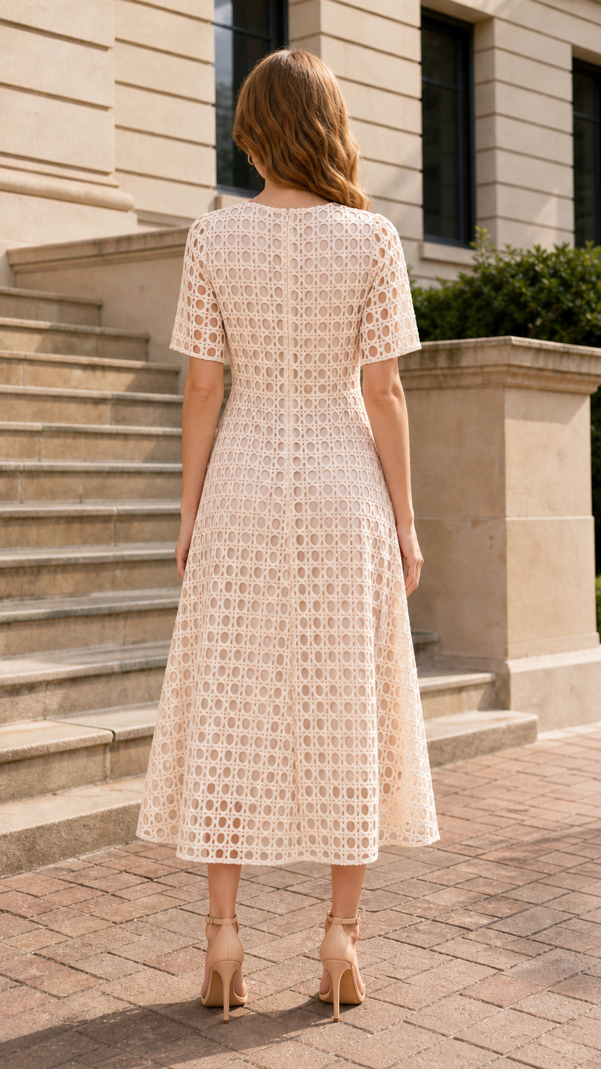 Back view of woman in beige floral embroidered midi dress