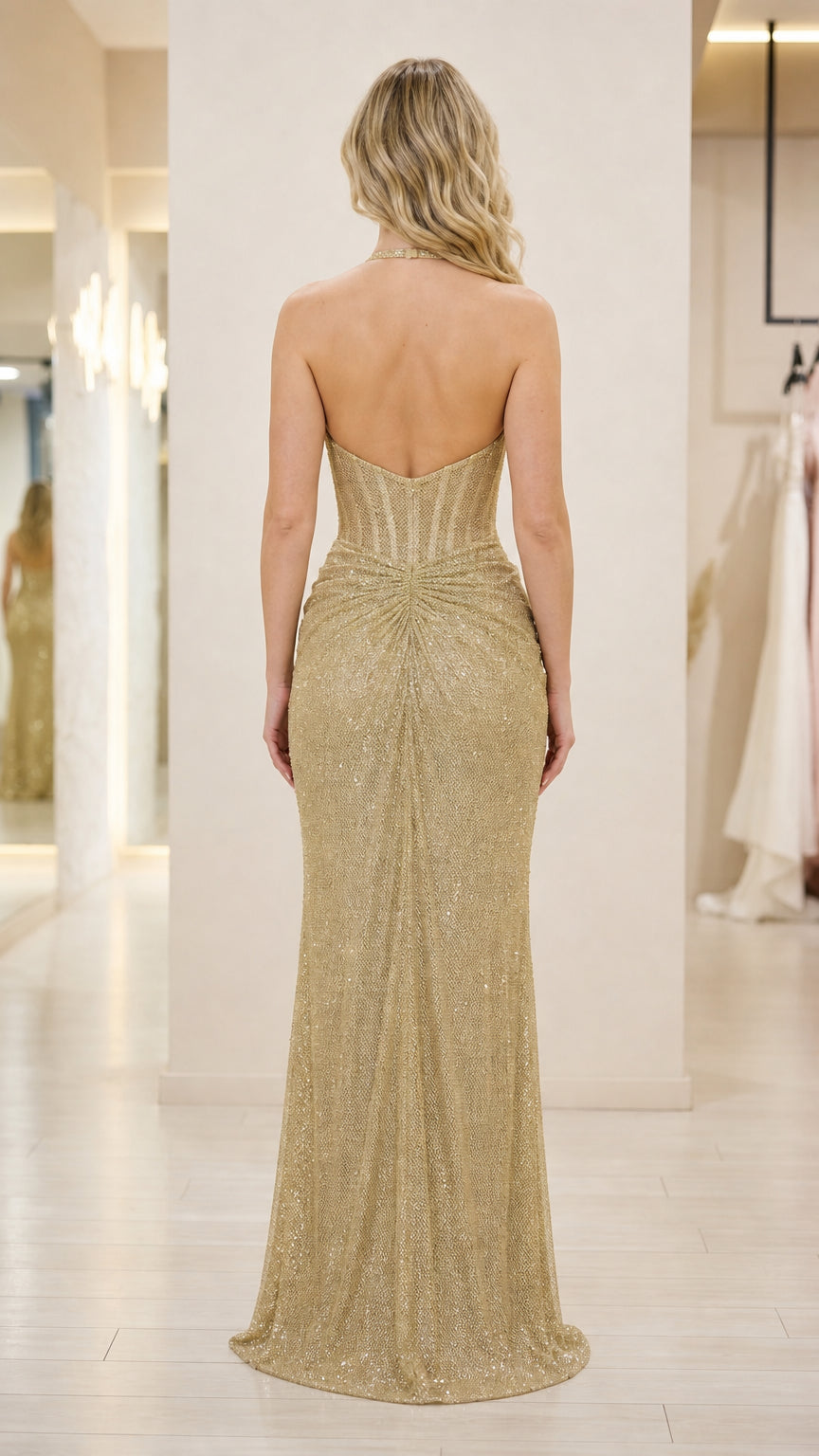 Back view of gold glitter evening dress