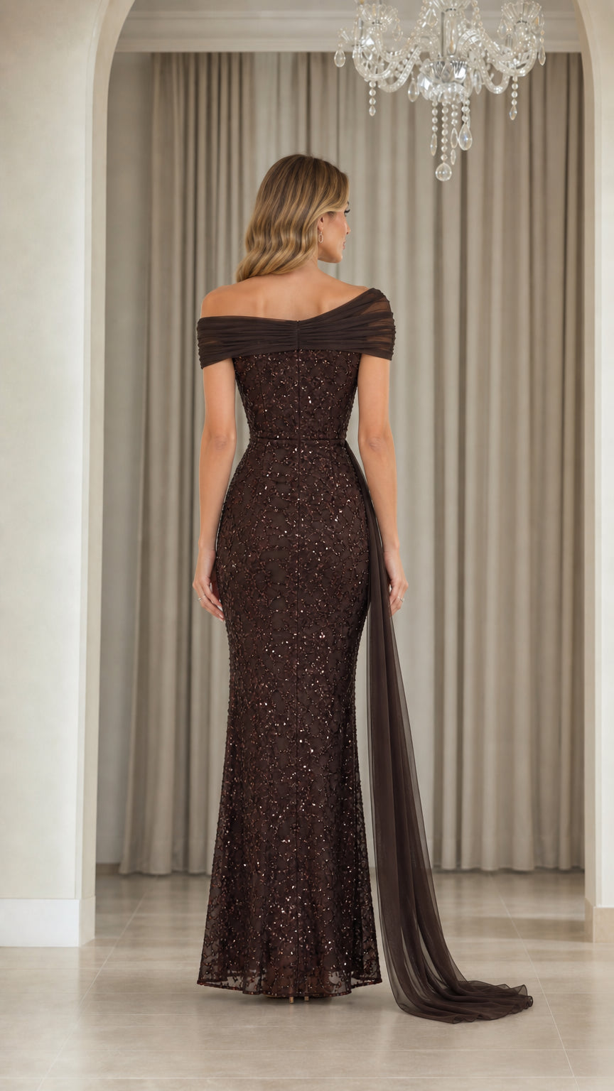 Back view of brown sequin evening dress