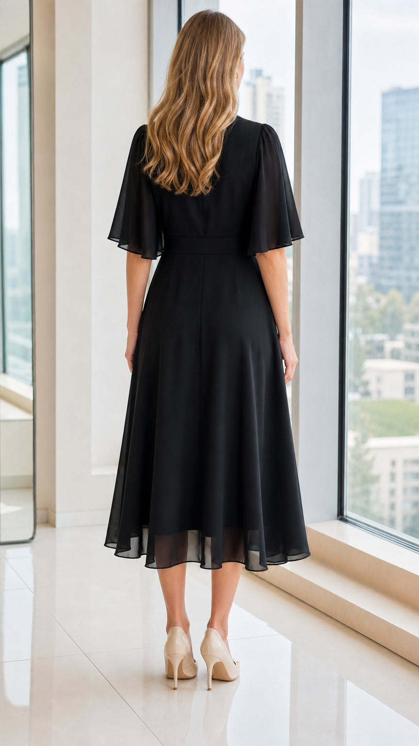 Back view of black V-neck chiffon midi dress