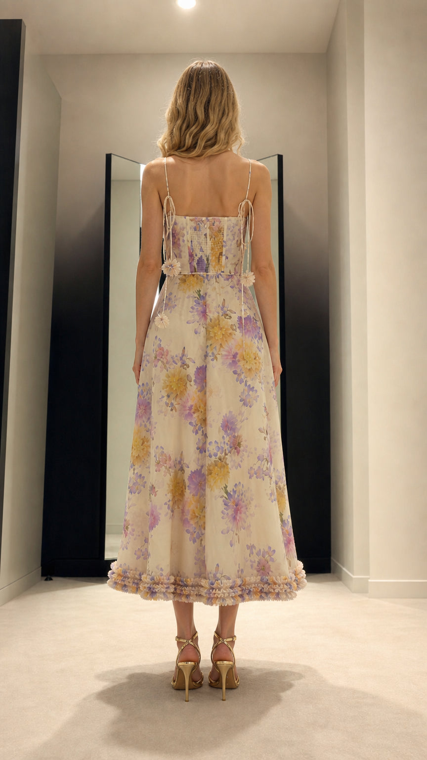 Back view of white floral midi dress showing strap details