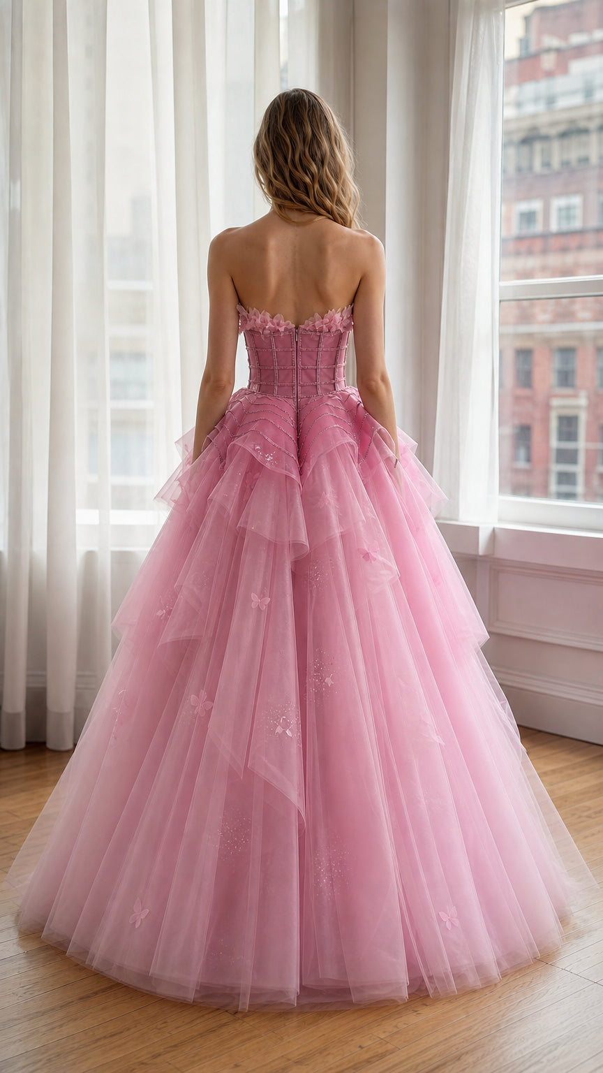Pink Tulle Ball Gown Back View