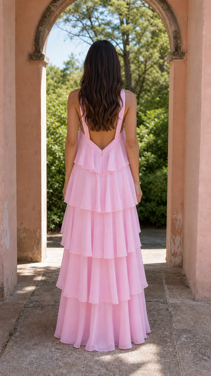 Back view showcasing open back of pink tiered maxi dress
