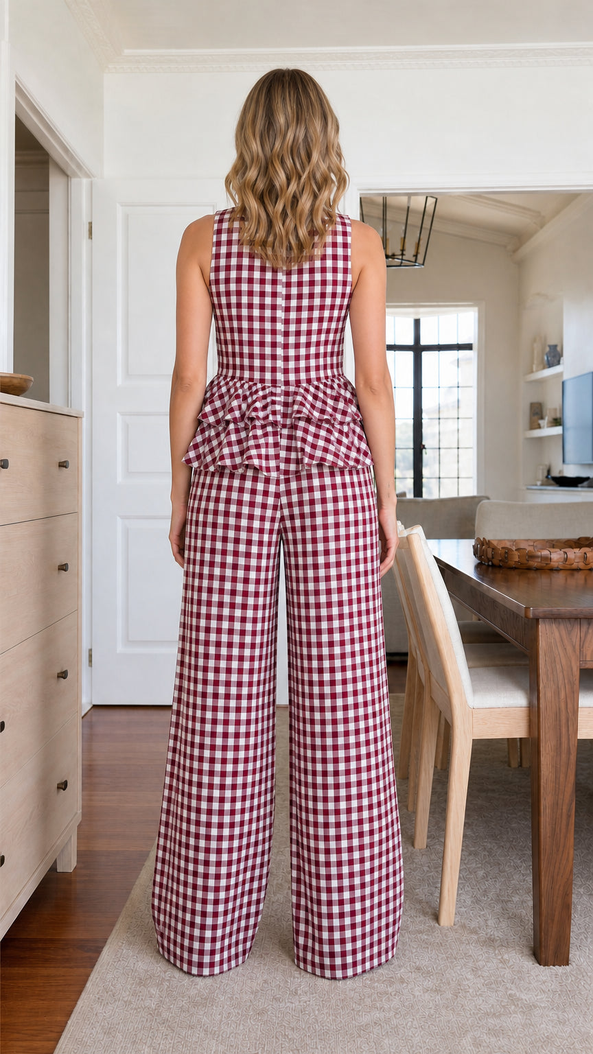 Back view of model in burgundy gingham matching set