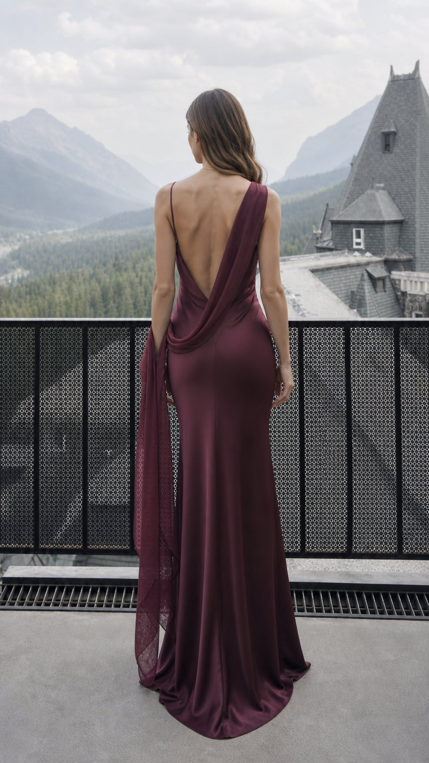 Back view showing low cowl back detail of burgundy evening dress