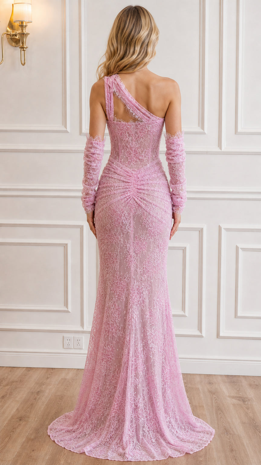 Back view of pink formal dress showing silhouette