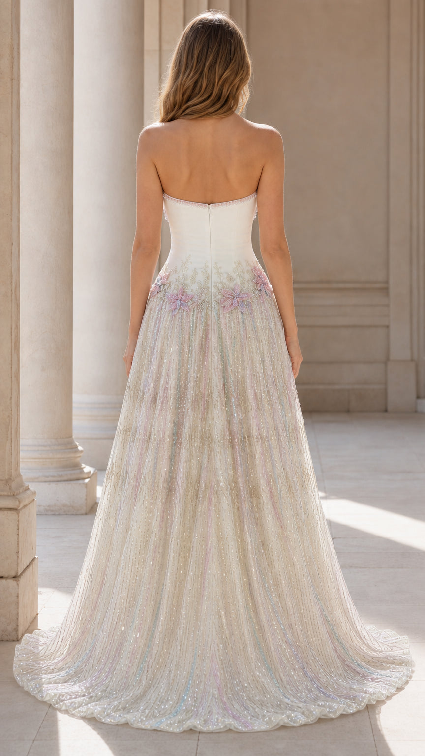 Back view of ivory evening gown with sweep train