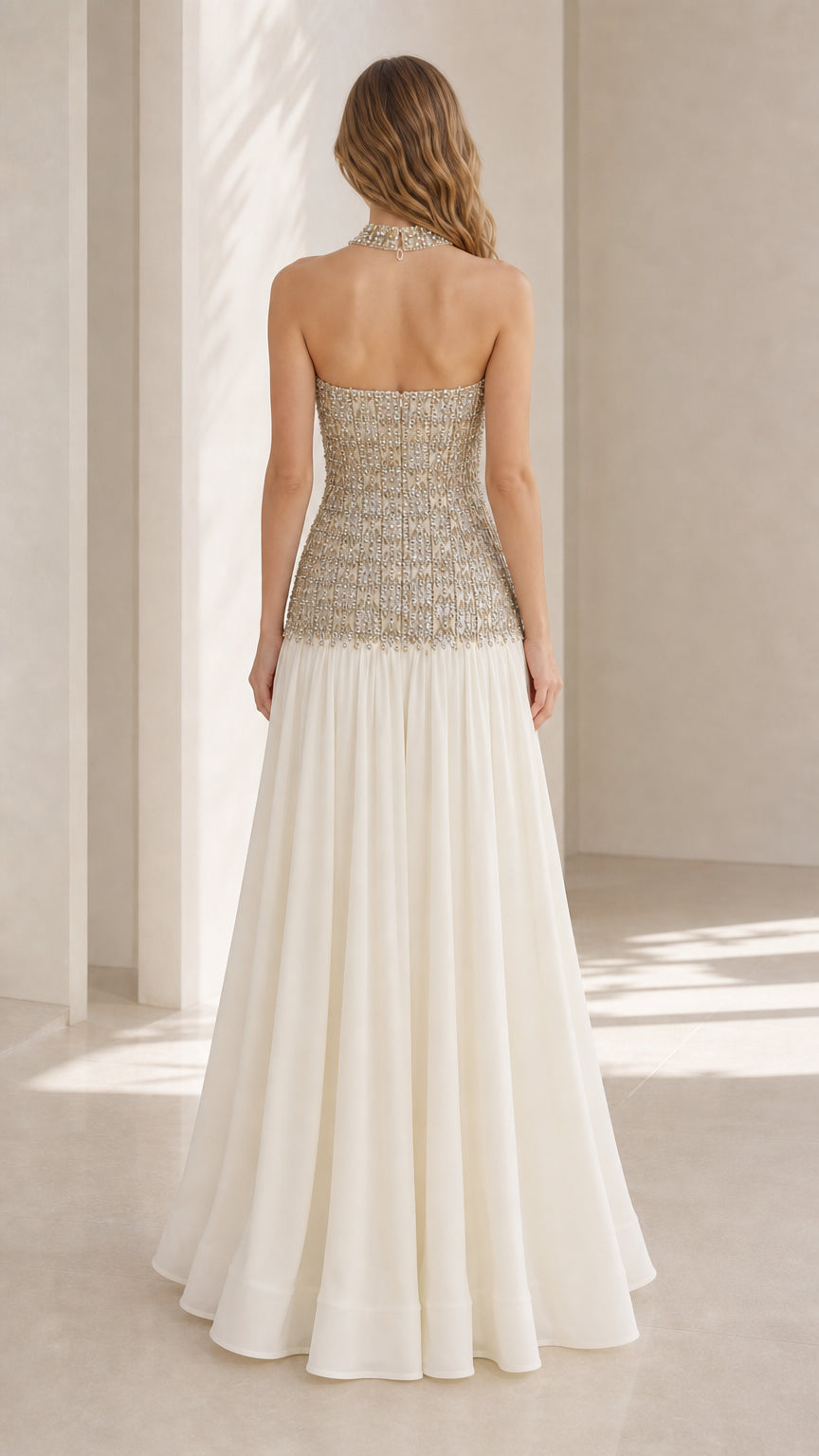 Back view of champagne strapless formal dress