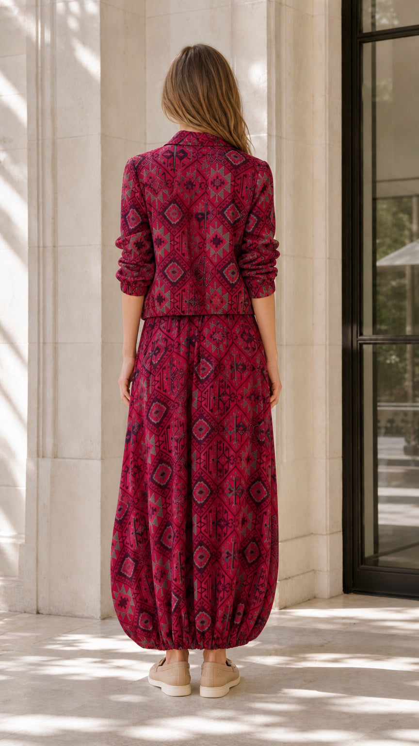 Back view of model wearing burgundy geometric print set