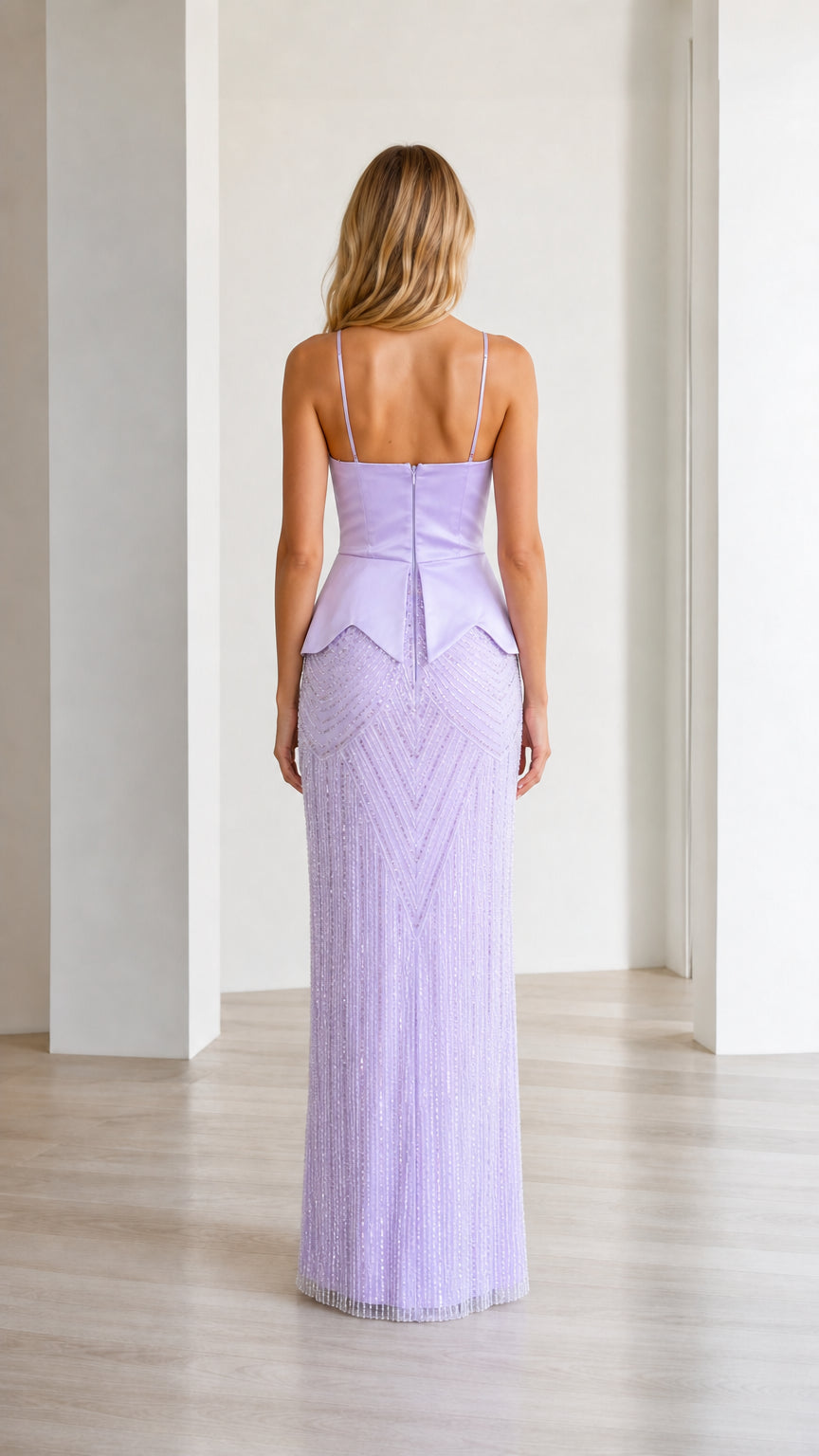 Elegance Beaded Cami Peplum Maxi Dress in Lavender back view