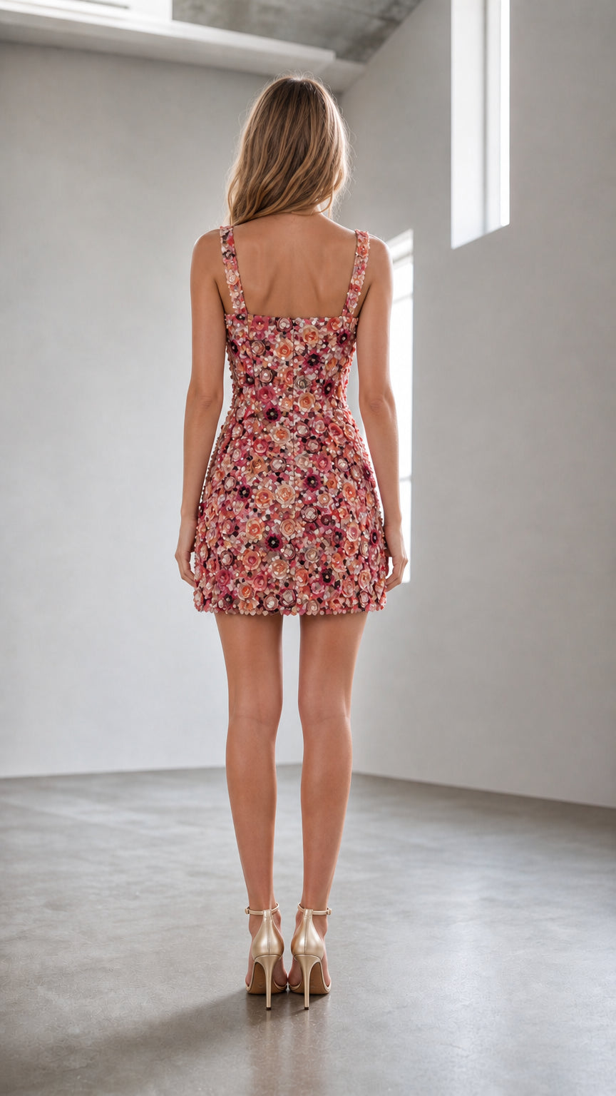 Back view of model wearing pink floral sequin mini dress