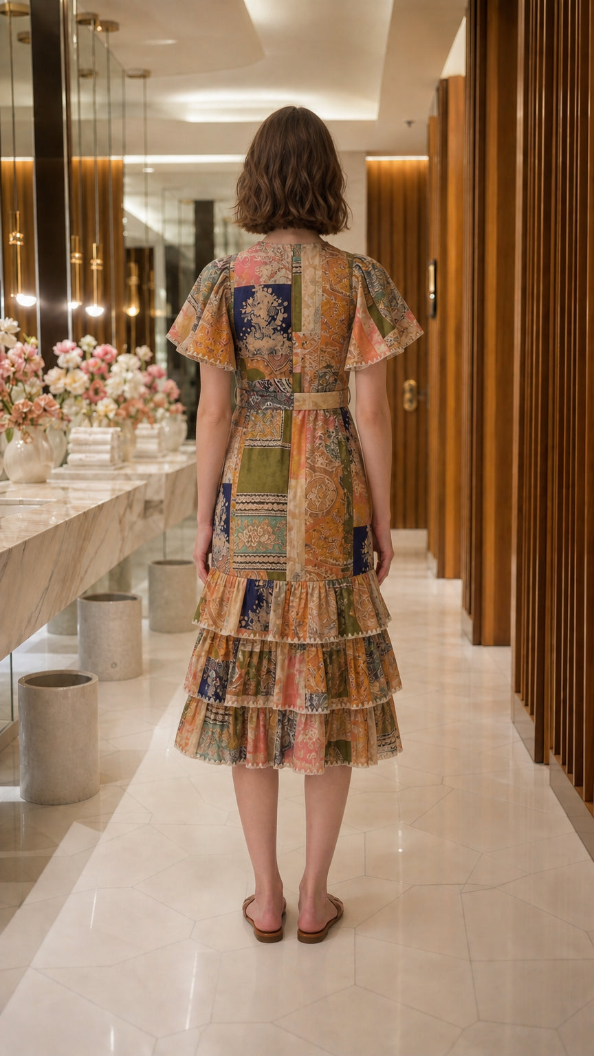 Back full view of woman wearing multi yellow patchwork midi dress