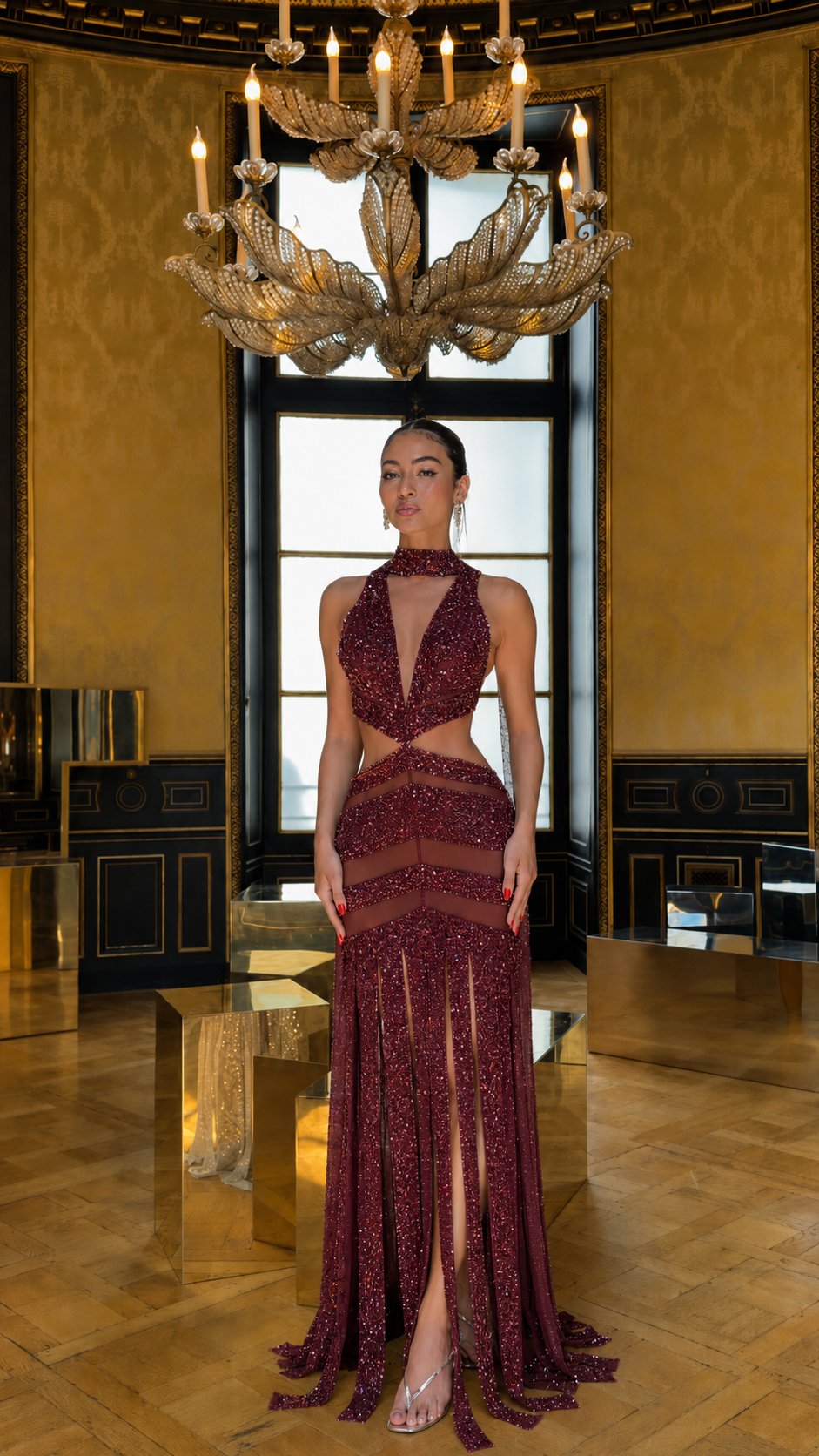Front view of burgundy sequin halter cutout mermaid evening gown