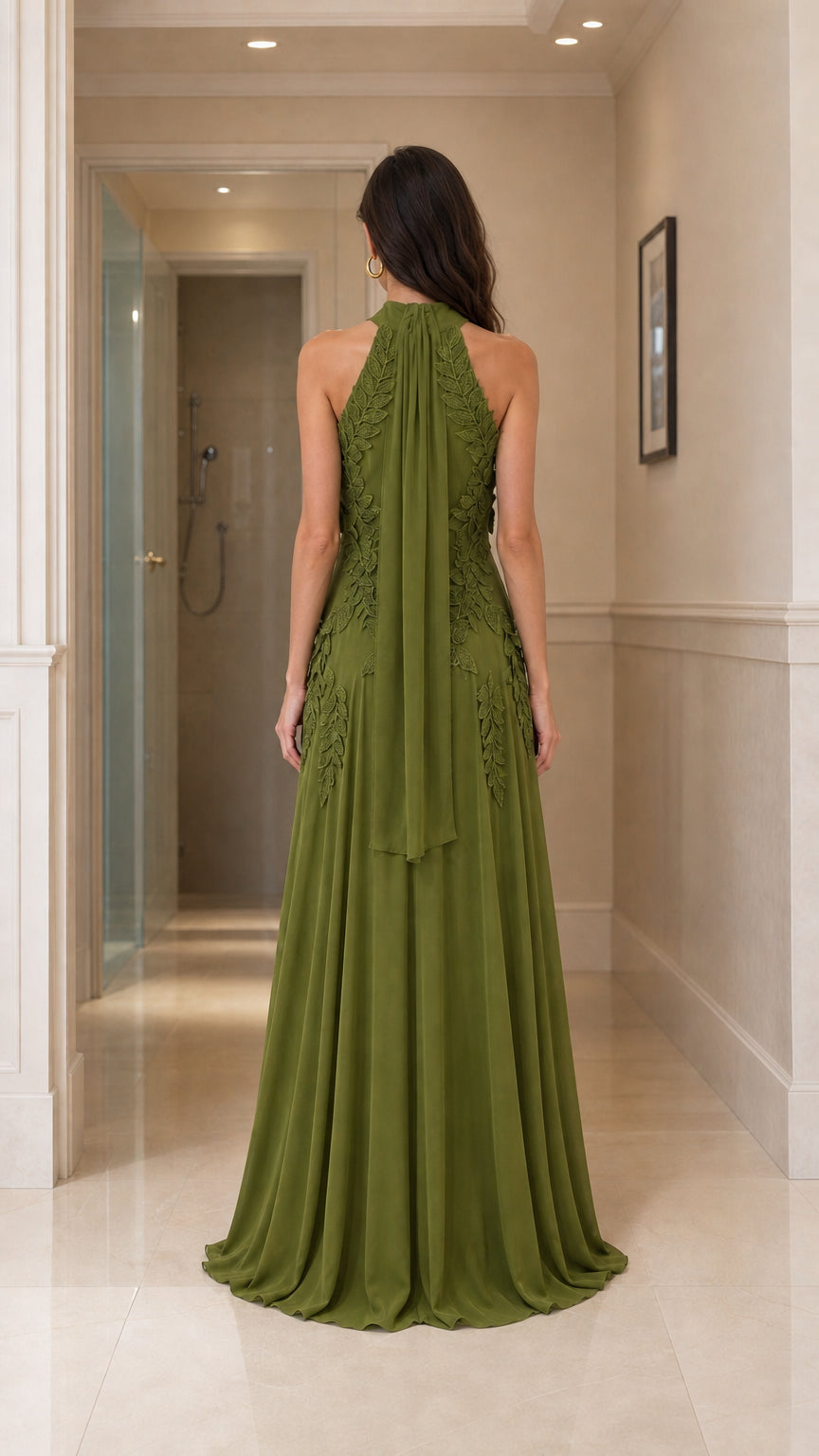 Back view of olive green maxi dress showing draped details