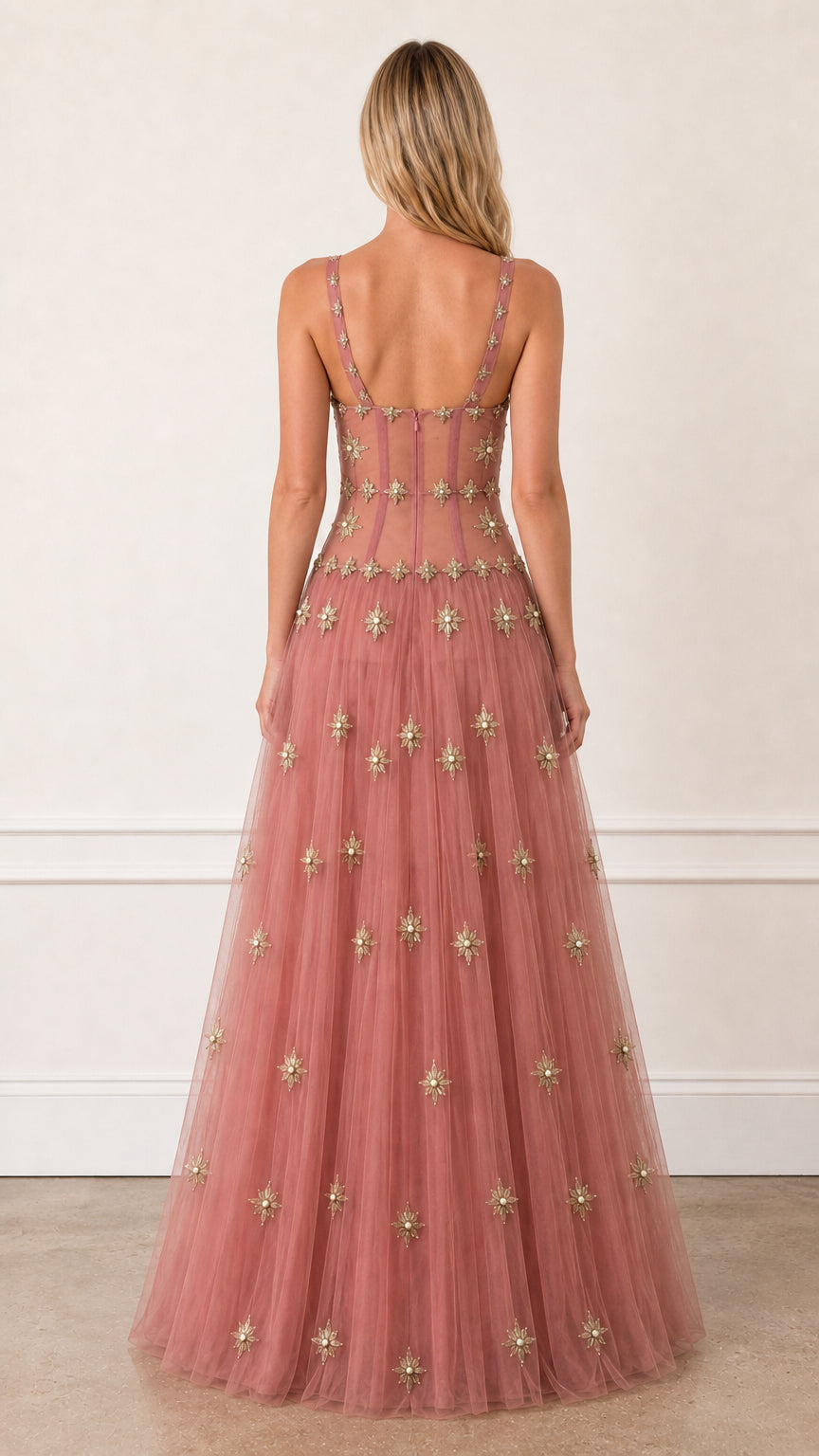 Back view of Dusty Rose evening gown