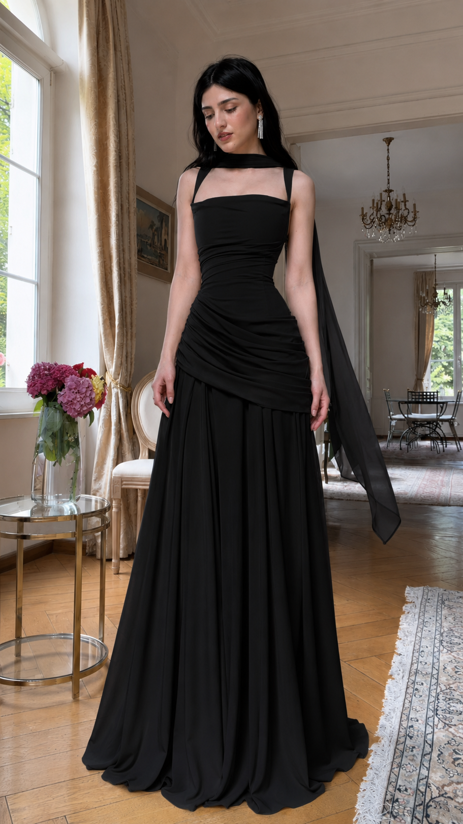 Front view of black ruched maxi evening dress with scarf neckline
