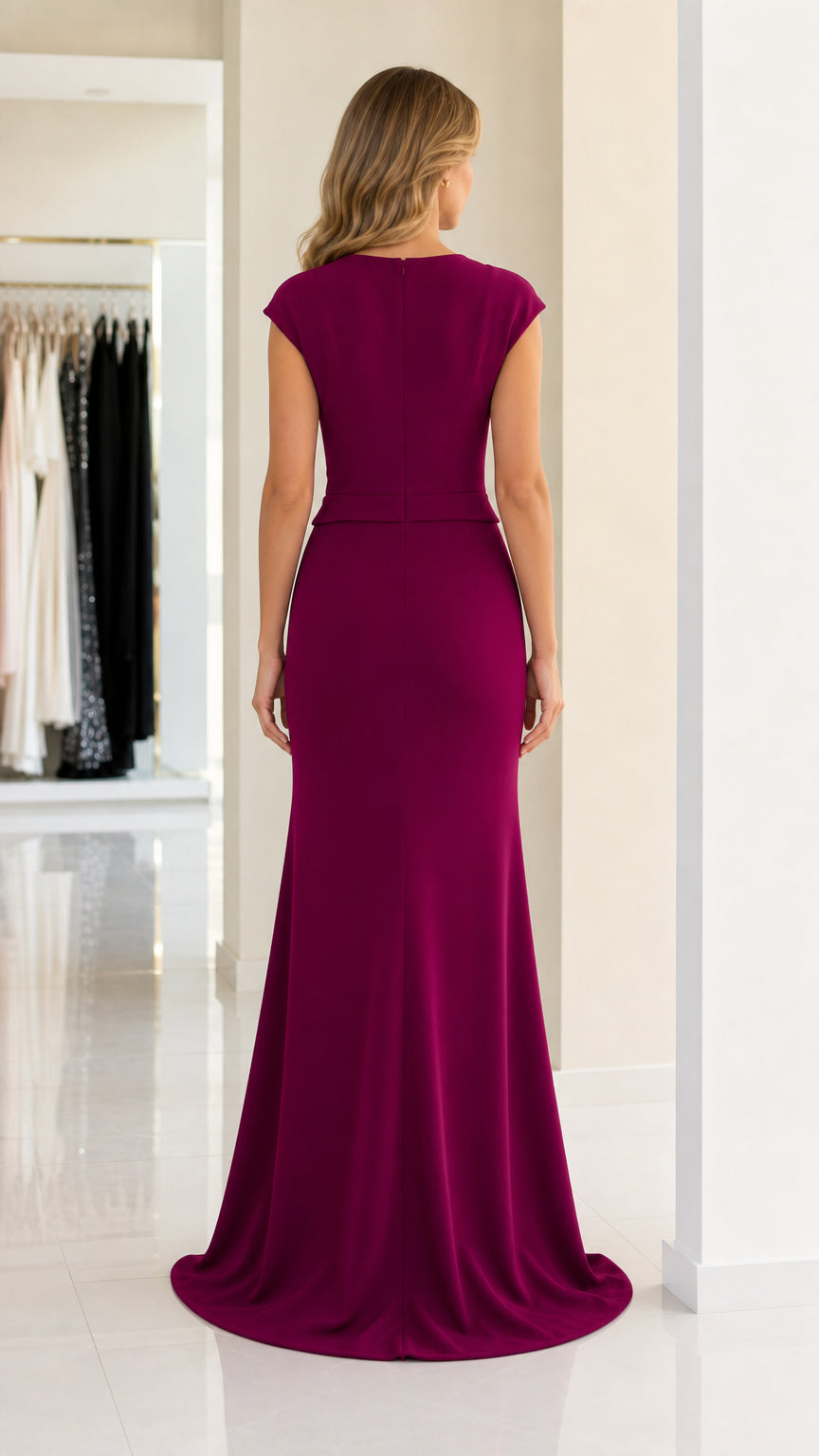 Back view of burgundy evening dress with clean lines and sweep train