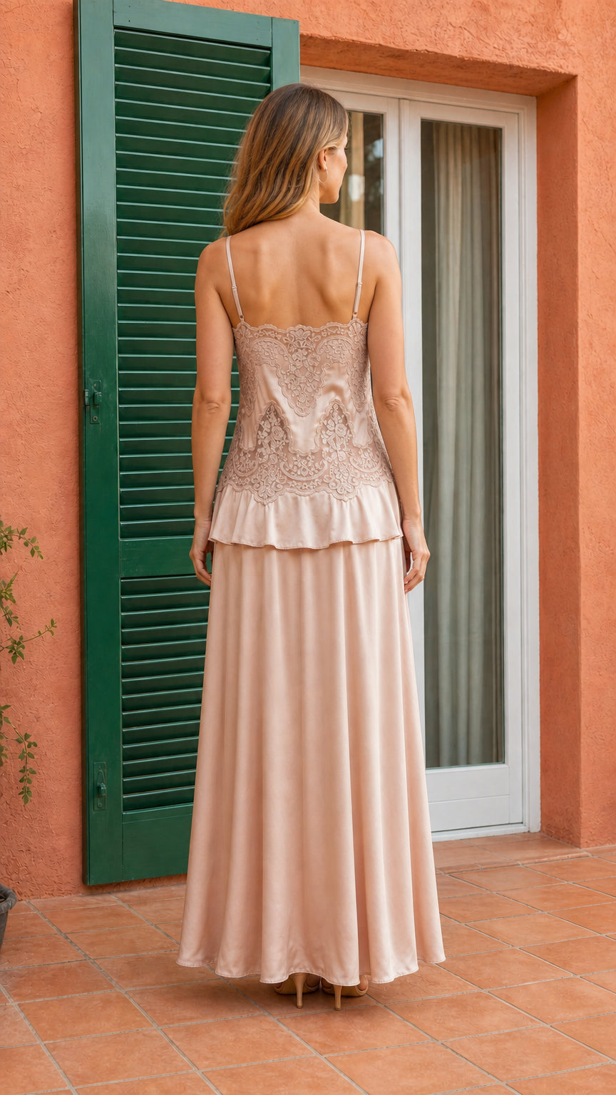 Elegance Lace-Trimmed Cami Top and Maxi Skirt Set in Champagne back view