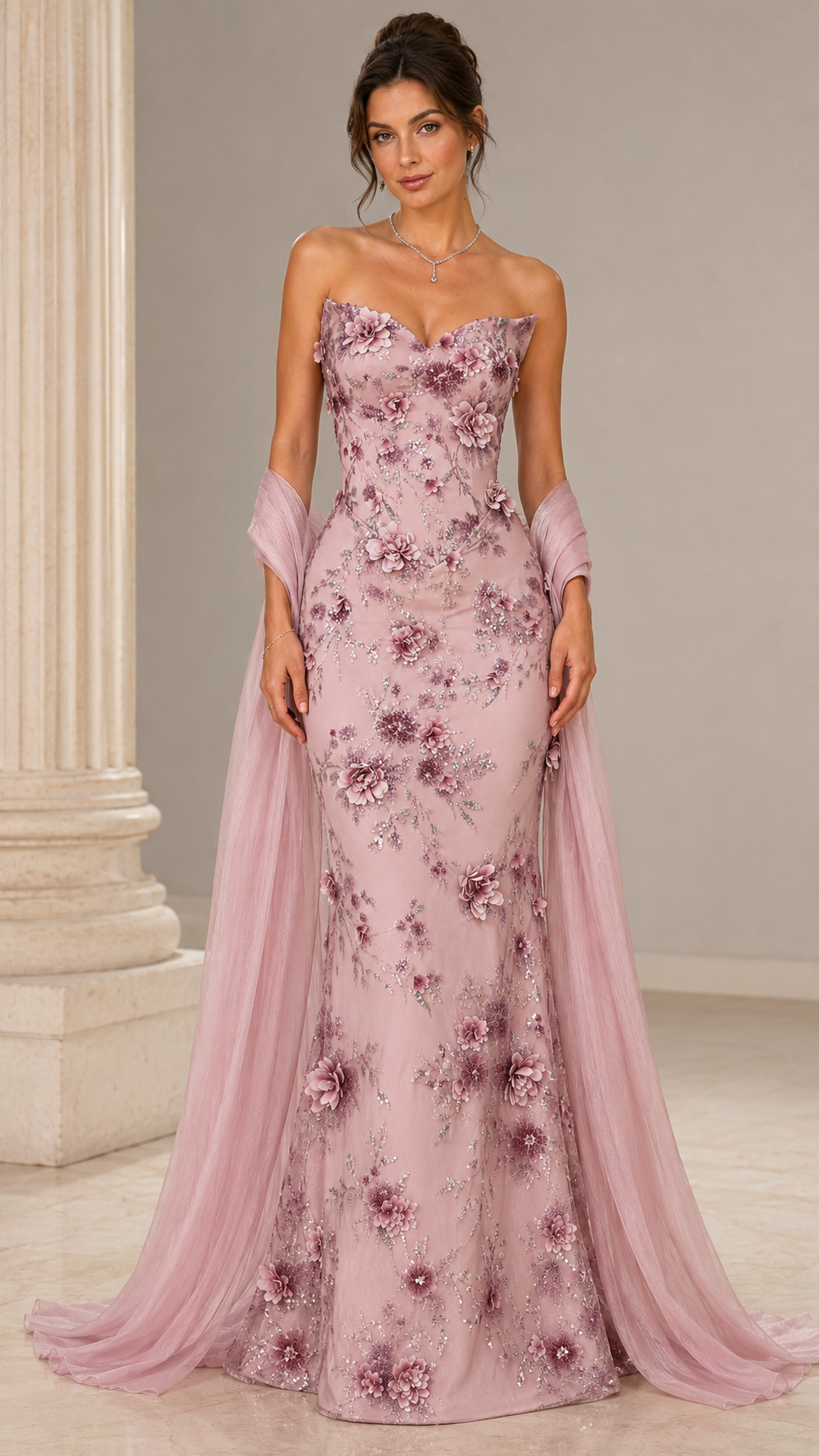 Front view of blush pink sweetheart floral formal gown with sheer wrap