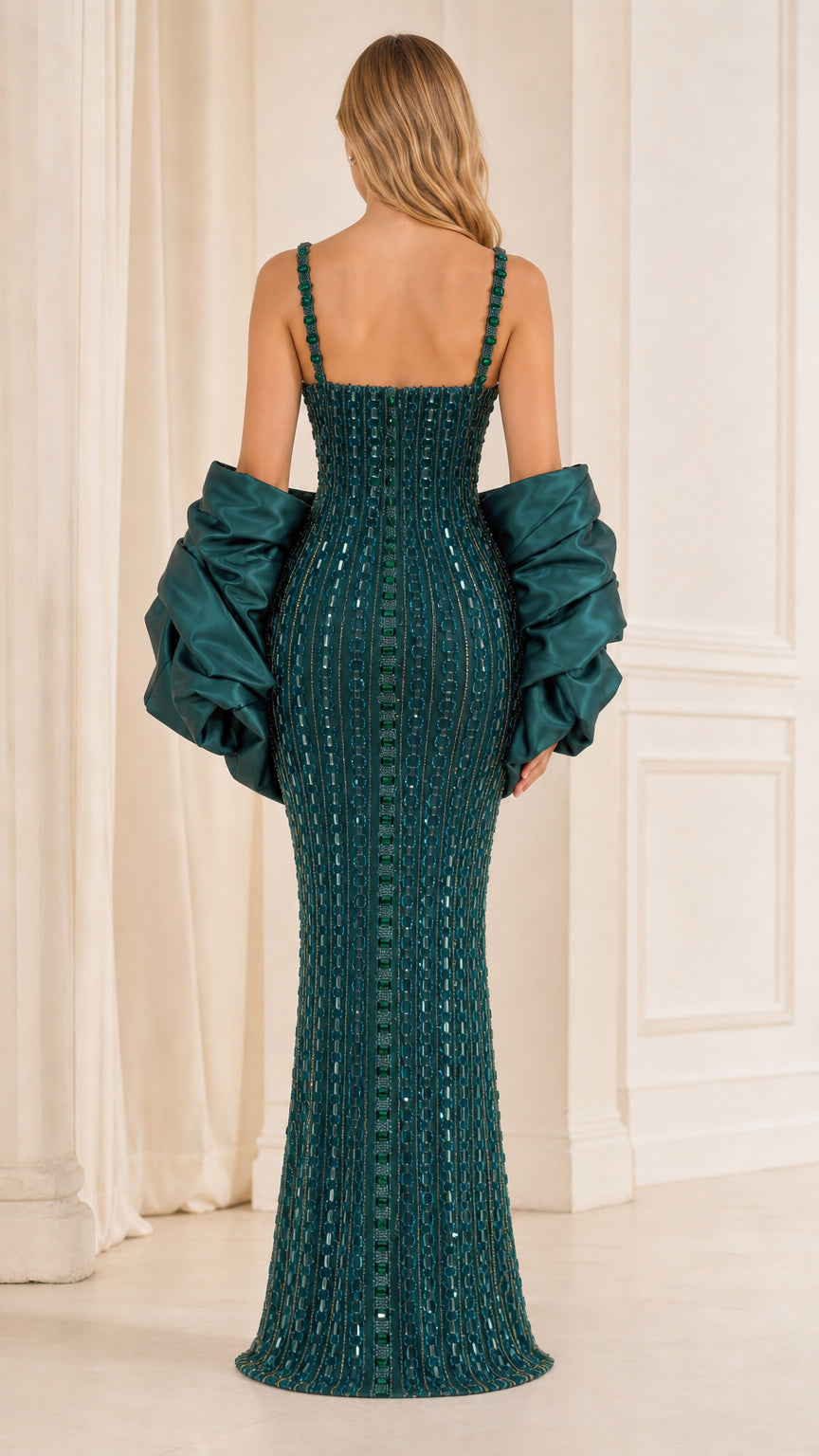 Back view of emerald green formal gown