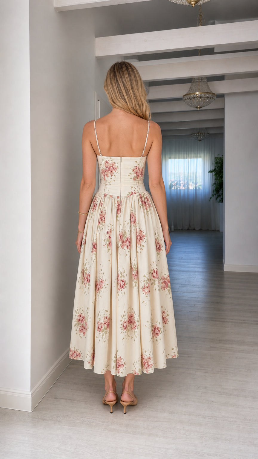 Back view of woman wearing cream floral midi dress