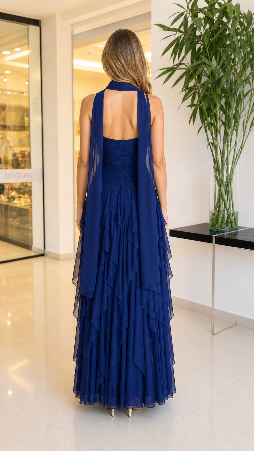 Back view showing tiered ruffles on Royal Blue gown