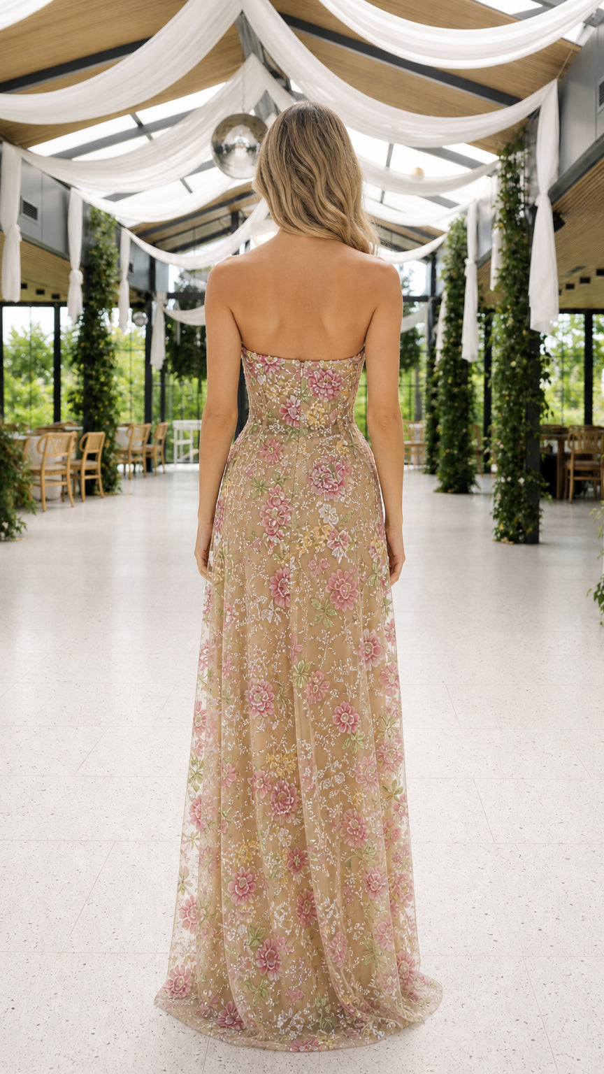 Back view of floor-length champagne formal dress
