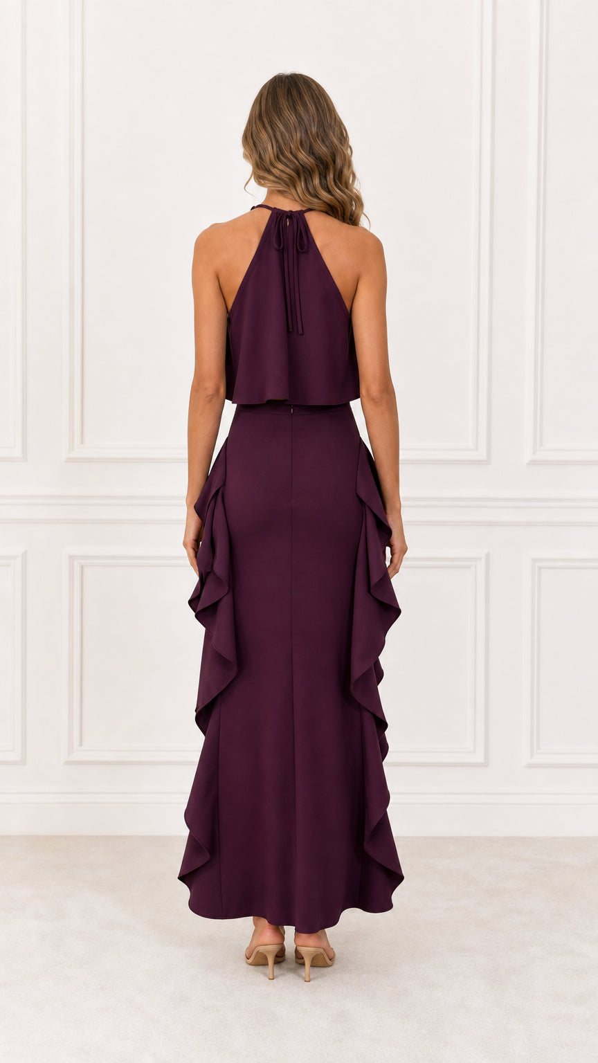 Model wearing Burgundy Two-Piece Ruffle Maxi Dress Set from the back