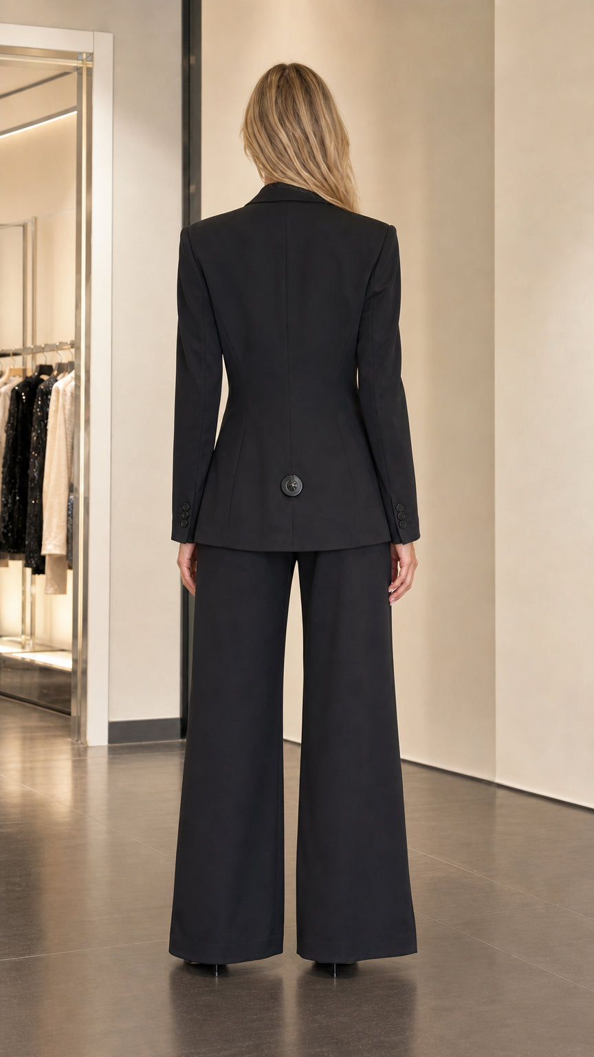 Back view of black tailored blazer and trousers