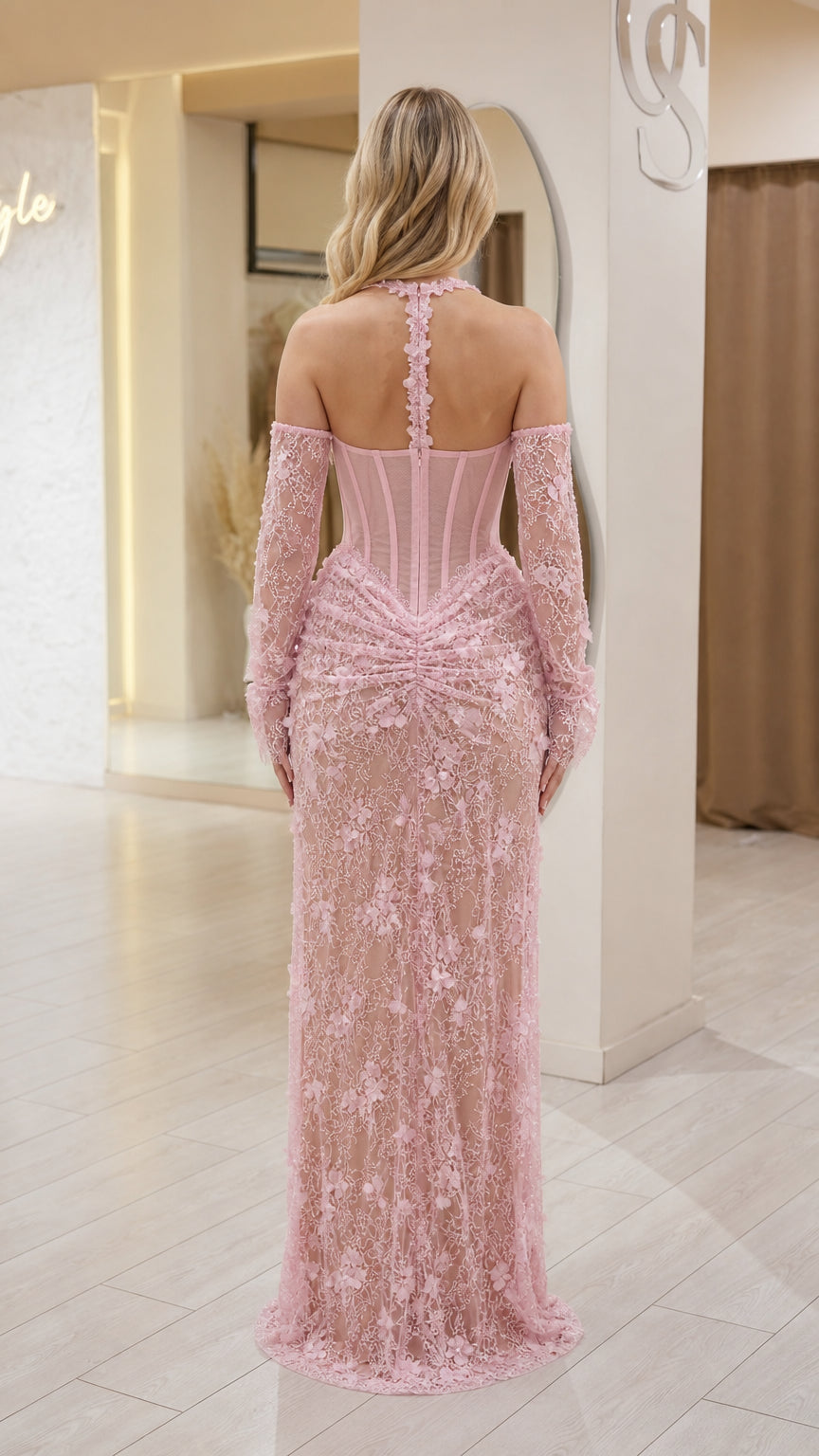 Back view of pink lace evening gown