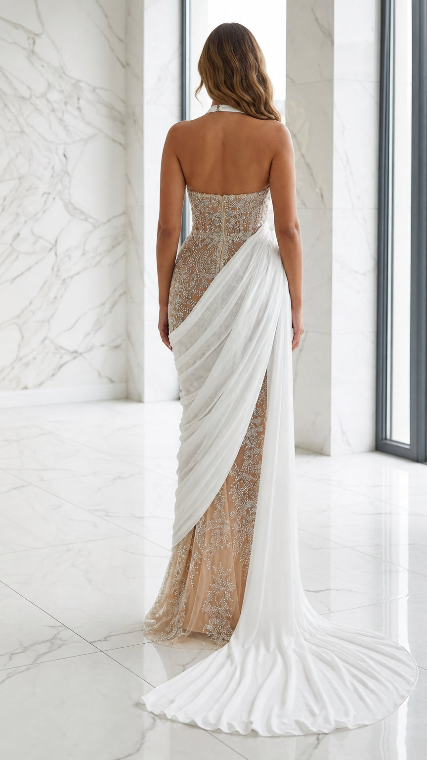 Back view of model showing the backless halter design and long white train